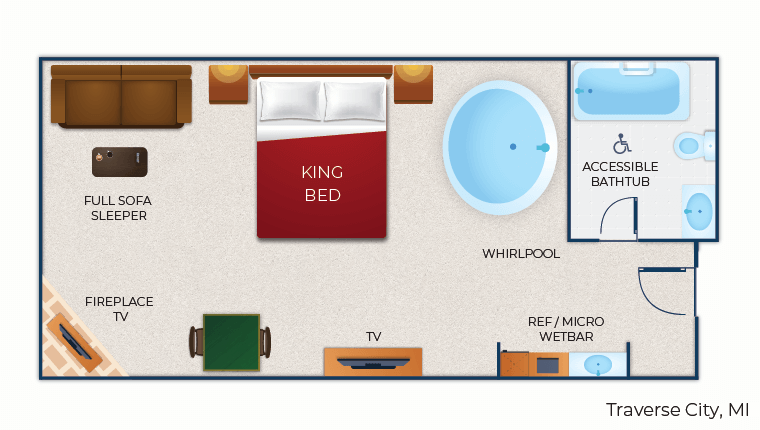 The floor plan for the accessible Whirlpool Fireplace Suite(Accessible bathtub)